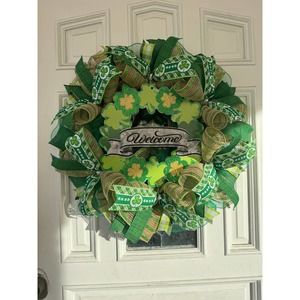 Welcome Shamrock Clover Saint Patrick’s Day Mesh Ribbon Wreath Door Hanger
